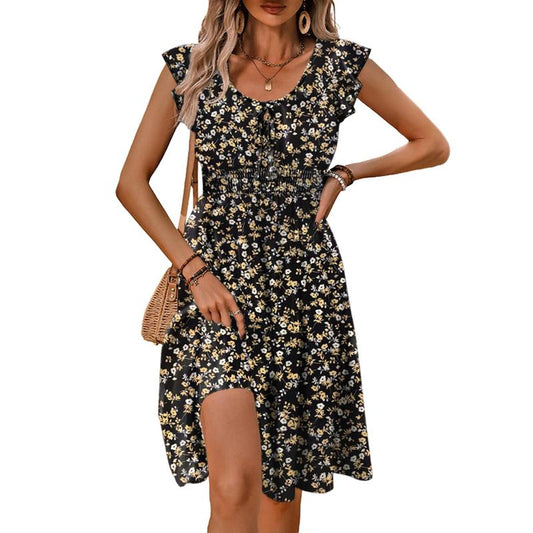 Dokotoo Womens Summer Dresses 2025 Boho Floral Ruffle Sleeve Smocked Elastic Waist Drawstring Tie Casual Mini Dress Sundress