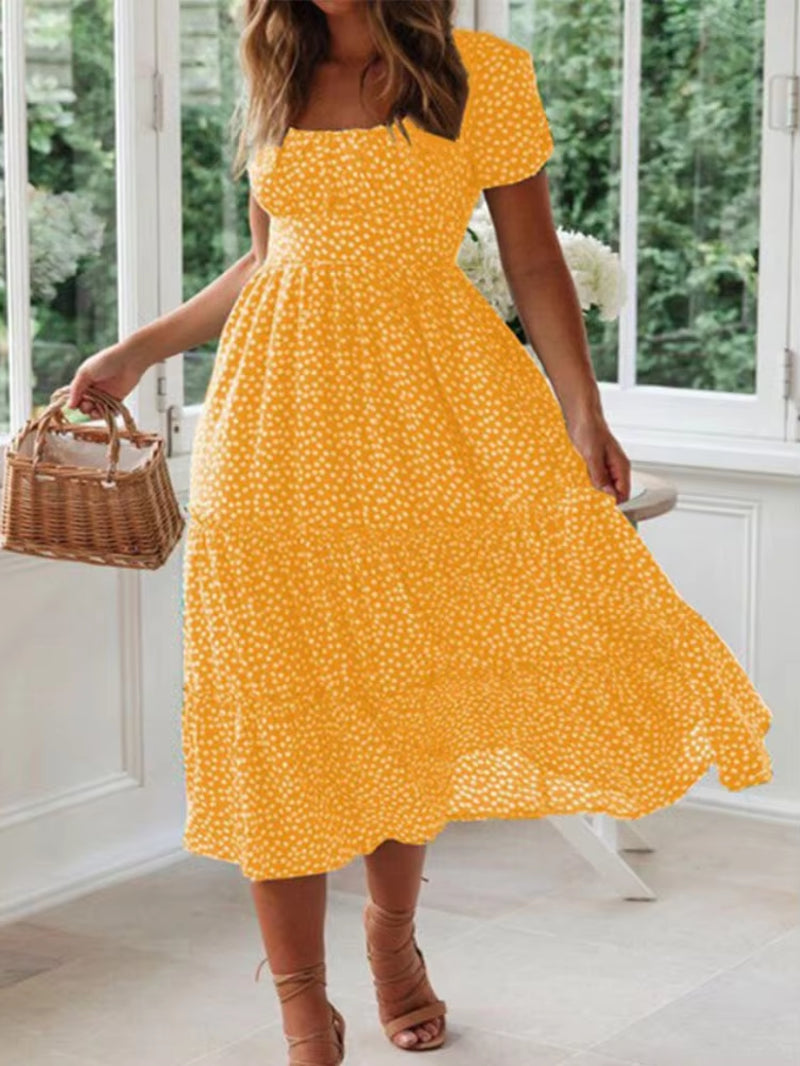 Vestidos Vintage Vintage Print Puff Sleeve Summer Beach Sweet Dresses Casual Square Collar Floral Maxi Long Dress Festa