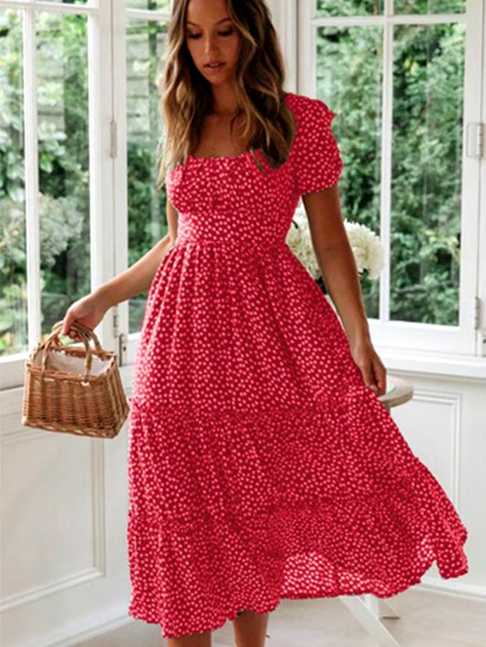 Vestidos Vintage Vintage Print Puff Sleeve Summer Beach Sweet Dresses Casual Square Collar Floral Maxi Long Dress Festa