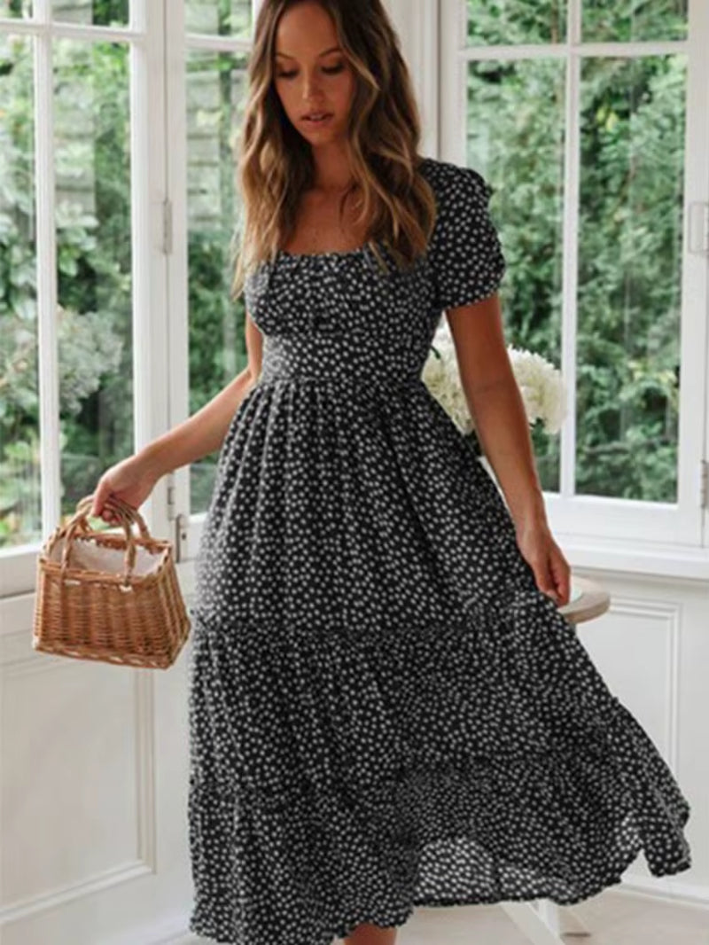 Vestidos Vintage Vintage Print Puff Sleeve Summer Beach Sweet Dresses Casual Square Collar Floral Maxi Long Dress Festa