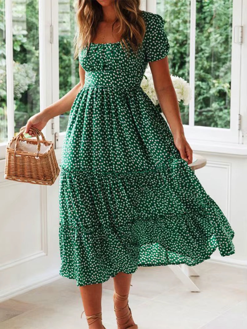 Vestidos Vintage Vintage Print Puff Sleeve Summer Beach Sweet Dresses Casual Square Collar Floral Maxi Long Dress Festa