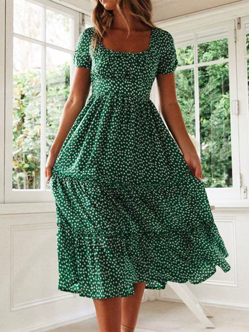 Vestidos Vintage Vintage Print Puff Sleeve Summer Beach Sweet Dresses Casual Square Collar Floral Maxi Long Dress Festa